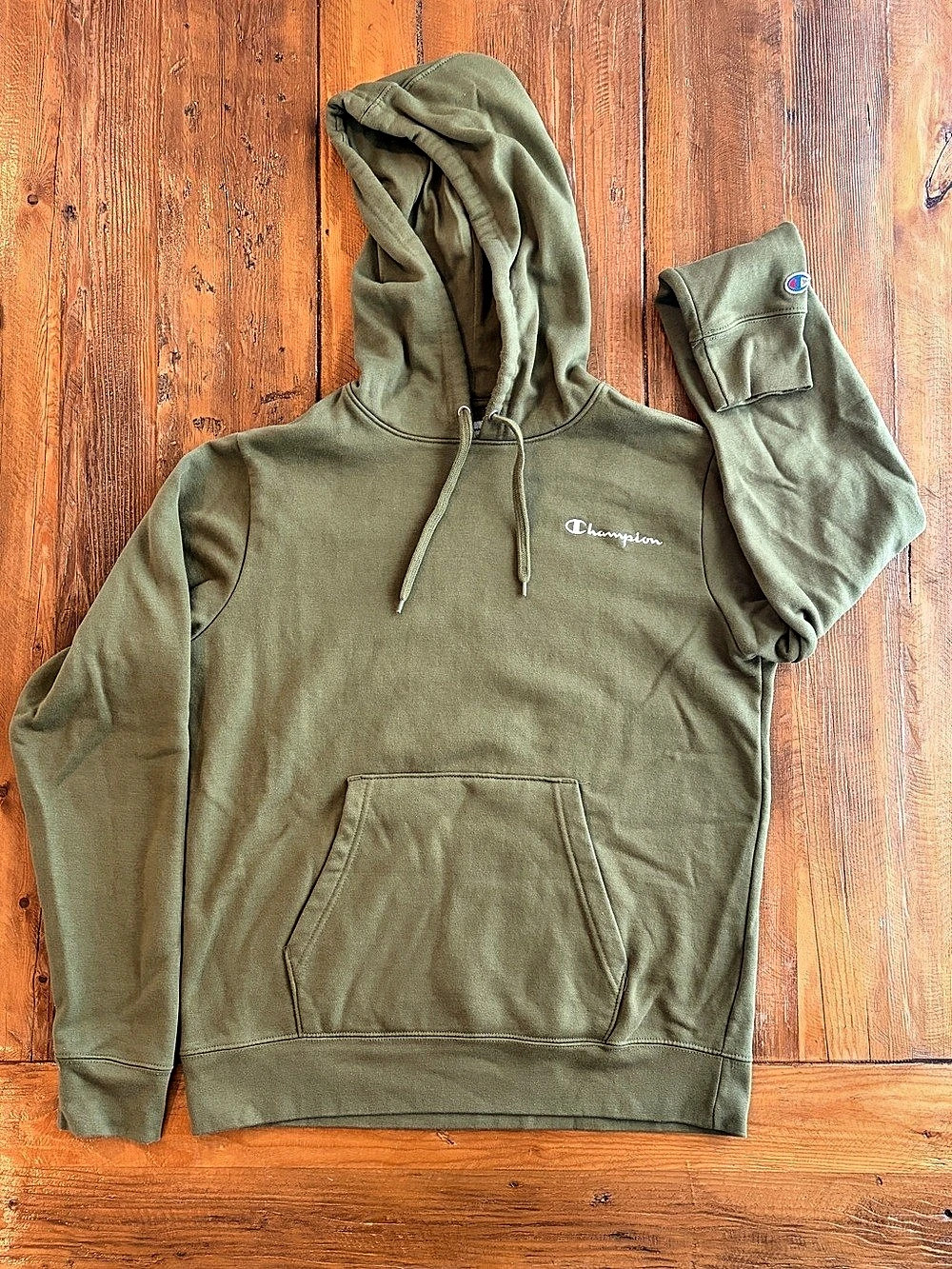 Champion Powerblend Script Logo Hoodie Men's Olive Green Medium